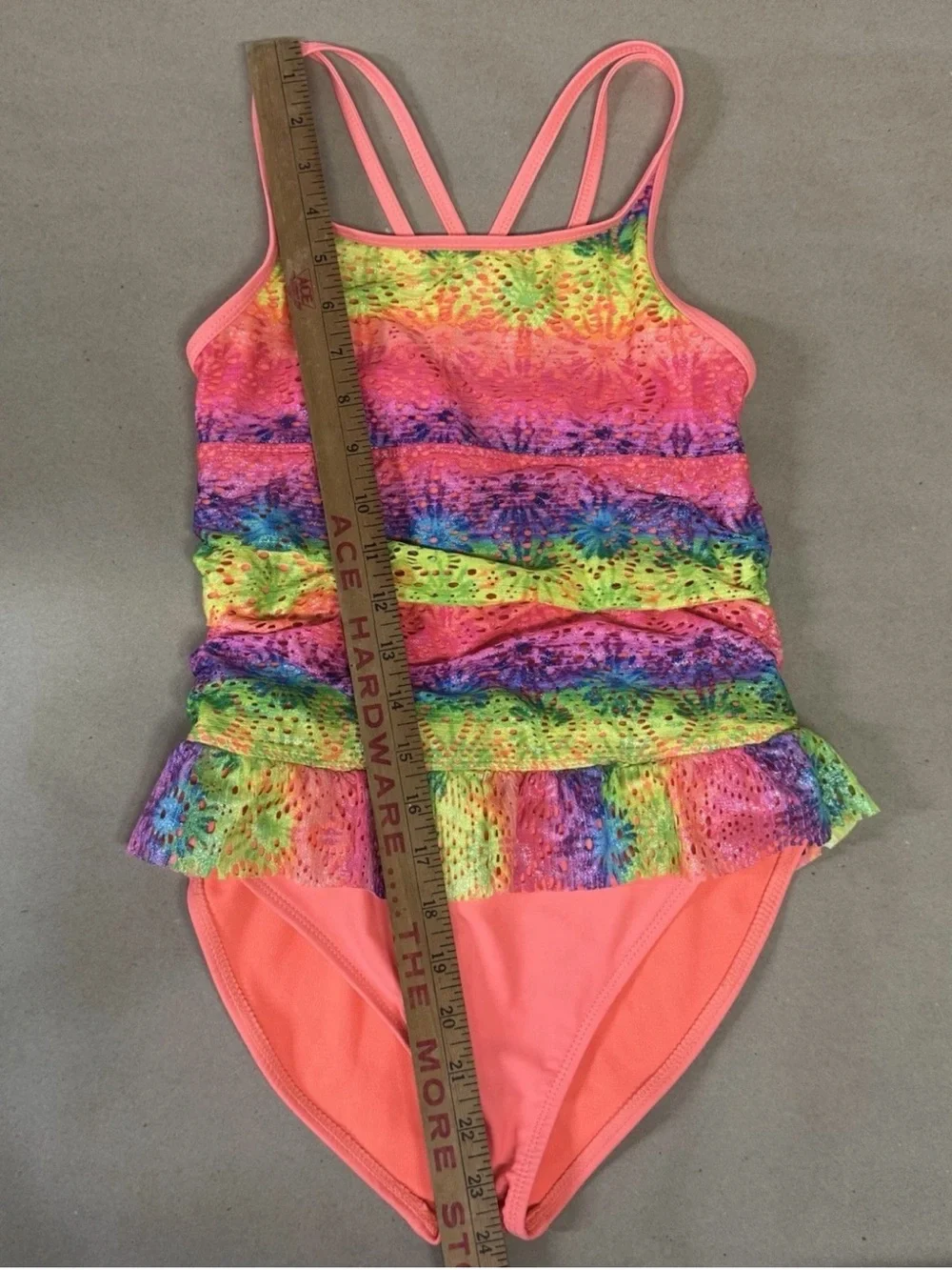 Wonder Nation Girls' Neon Tie-Dye Lace Ruffle Tankini One Piece XL 14/16